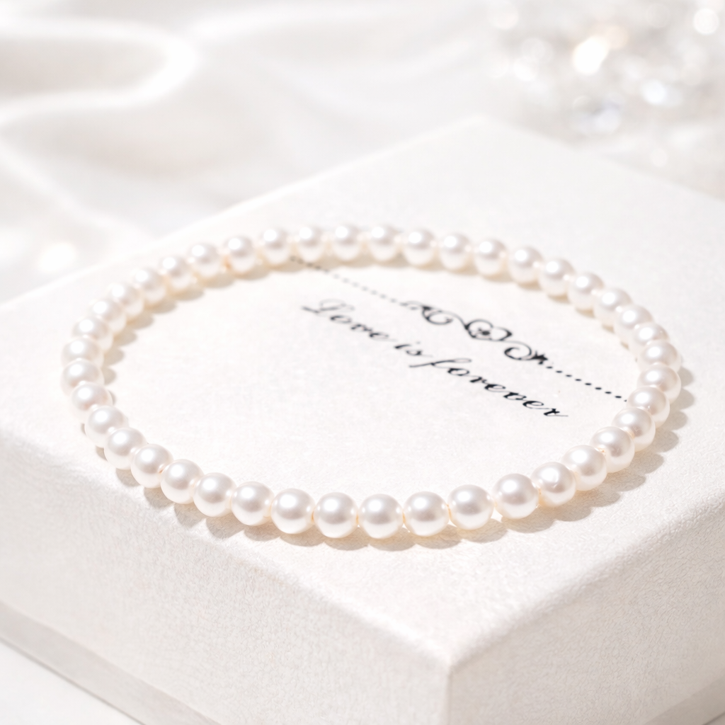 Pearl necklace on a white box with 'Love is forever' text