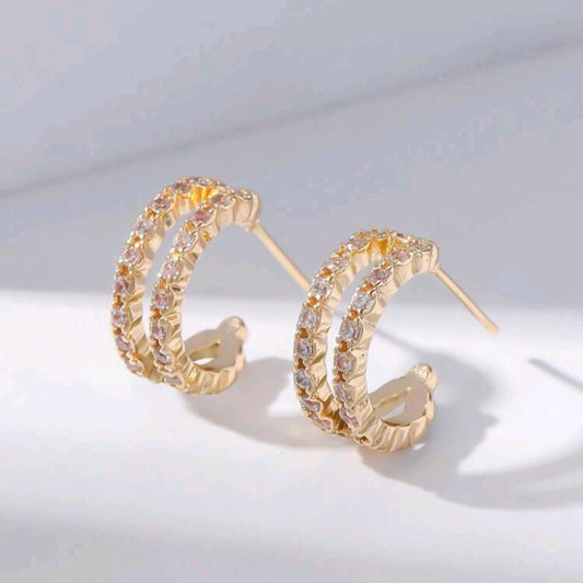 Aurora Amore Double Row Cubic Zirconia Huggie Earrings – Gold Tone Minimal Sparkle Hoops